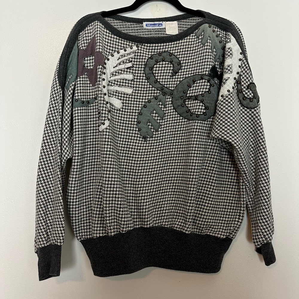 Vintage 80s Mariea Kim Pull-Over Top | Grey Geometric Retro Print